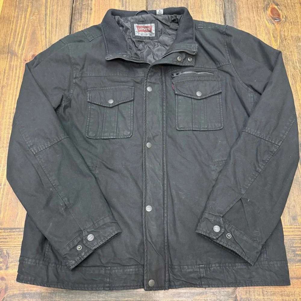 Levis Mens Black Canvas Quilted Field Jacket XL Full‎ Zip Snap utility, pockets